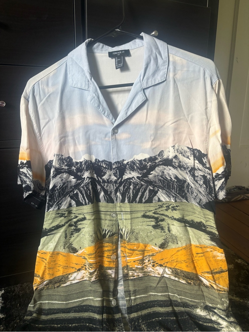 Forever 21 Mountain Scene Camp Collar Shirt - Light Blue, Black, Green, Mustard